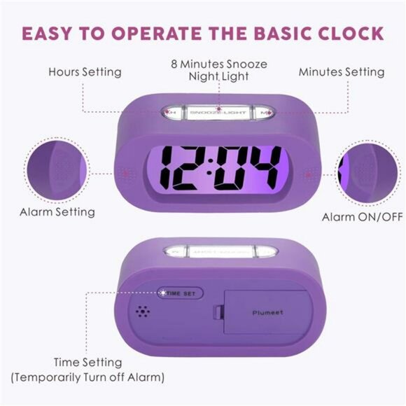 kids digital alarm clock with snooze night light travel bedside desk clock purpl - Picture 6 of 7